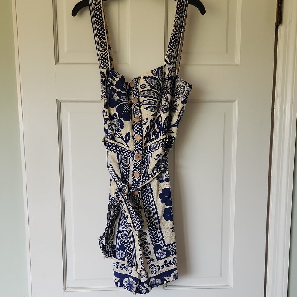 FARM Rio Blue and Cream Floral Shorts Romper with Pockets